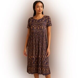 Vintage Boho Printed Short-Sleeve Midi Dress - Brown & Navy   Size Large